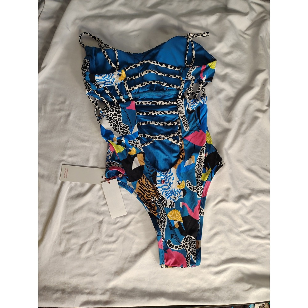 Red Carter Womens Jungle Safari Animal Print Cutout One Piece Swimsuit Blue S - Picture 2 of 7